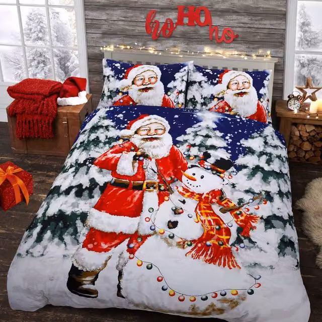 Velosso Santa Xmas Lights Red Cotton Rich Printed Duvet Cover and Pillowcase Set, W/D/H: 180 x 200 cm and 50 x 75 cm – 1