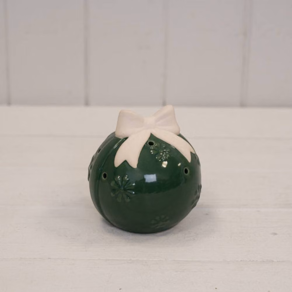 Four Candle Green and Beige Ceramic Christmas Bauble with Flower Design – 2
