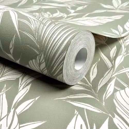 Grandeco Glistening Lucia Tropical Foliage Botanical Blown Vinyl Wallpaper, Sage Green