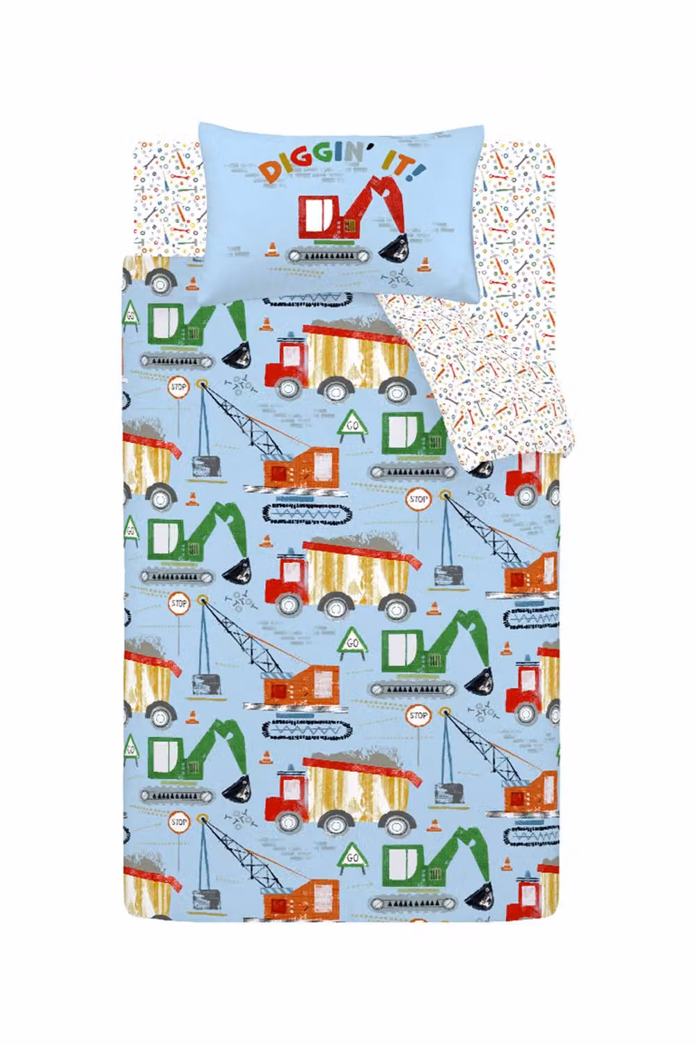 Catherine Lansfield Digger Dreams Reversible Kids Duvet Cover and Pillowcase Set, Blue, Duvet Cover: 200 x 200 cm, Pillowcase: 50 x 75 cm – 3