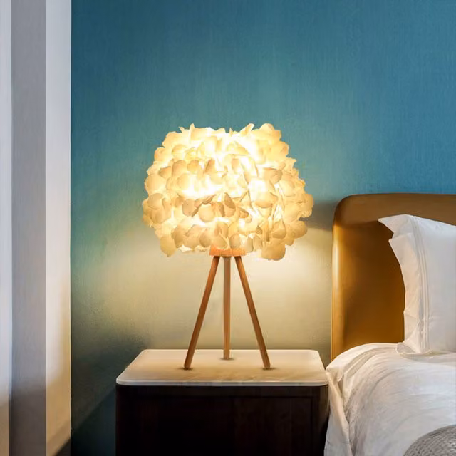Living Star White Fabric Lampshade Table Lamp with Wood Tripod Base