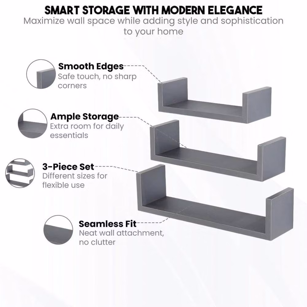 FORGEVIO Grey U Shaped Floating Wall Shelf – 2