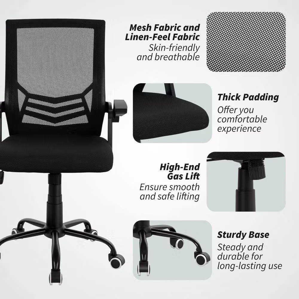 Rolipo Mesh Swivel Office Chair with Lumbar Support and Flip-Up Armrests in Black – 8