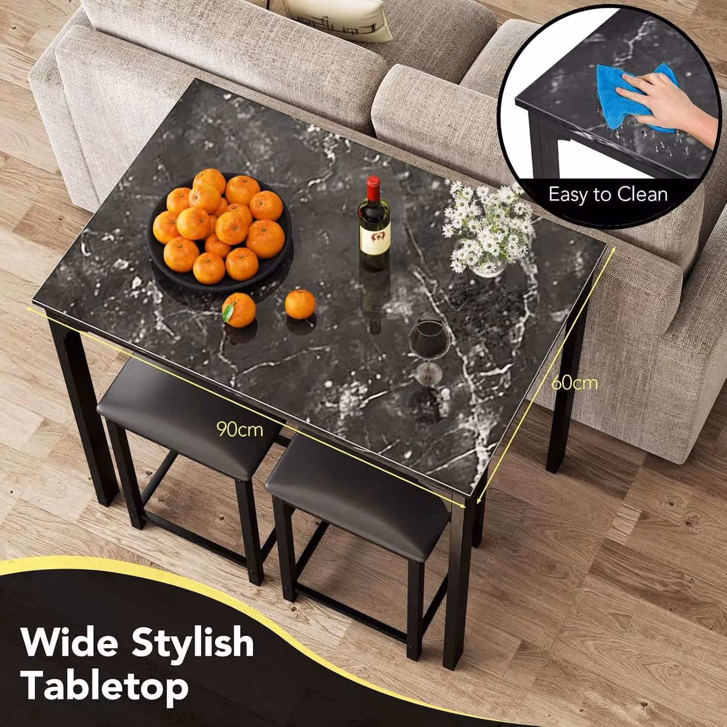 Gymax 3-Piece Modern Dining Set with Rectangular Counter-Height Bar Table and Upholstered Stools in Black – 4