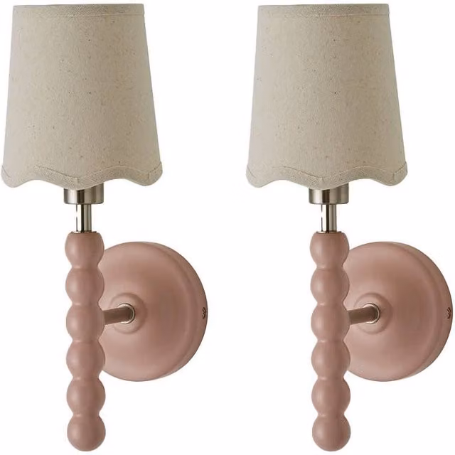 ValueLights Bobbins Pair of Pale Pink Wall Lights with Beige Fabric Shades and Bulbs – 1