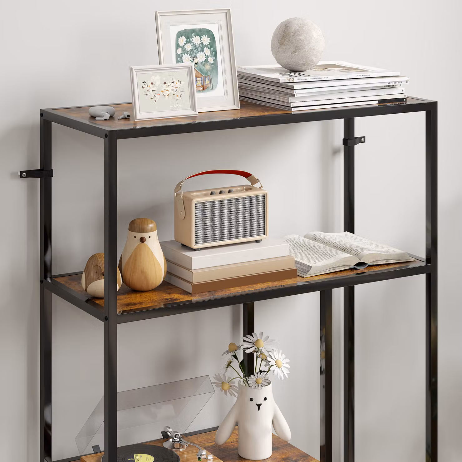 HOMCOM 4-Tier Industrial Bookshelf with Open Shelves in Brown and Black – 5