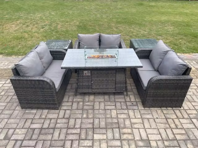 Fimous Dark Grey Rattan Outdoor Garden Furniture Set with Gas Fire Pit Dining Table, Love Sofa and 2 Side Tables