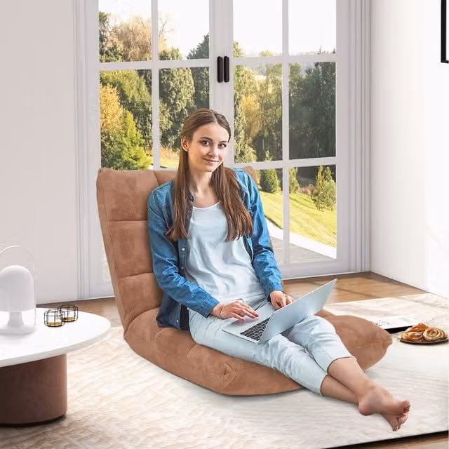 Costway 14-Position Adjustable Floor Chair in Brown Velvet Microfibre