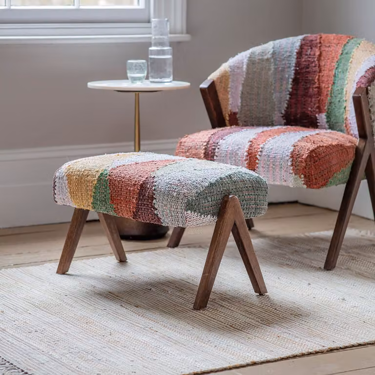 Atkin & Thyme Scoop Footstool in Multicoloured Striped Cotton Fabric