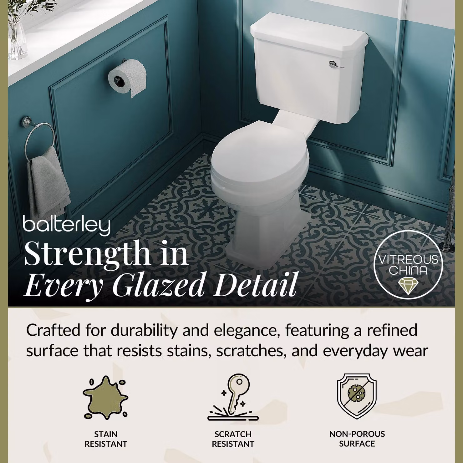 Balterley Traditional Close Coupled Ceramic Toilet with Cistern and Soft Close Seat, White, W: 47 cm – 2