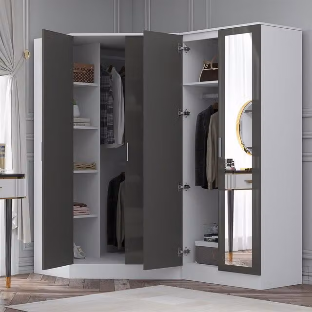 REFLECT Wardrobe Bundle featuring a 2 Door Corner Wardrobe and a 2 Door Mirror Wardrobe in Grey Gloss and Matt White