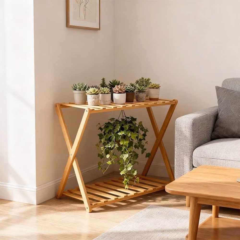 FORGEVIO 2-Tier Natural Wood Plant Stand in Brown and Beige – 3