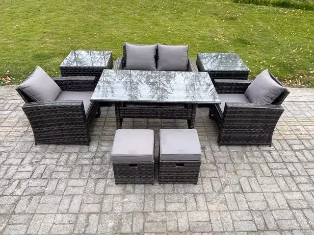 Fimous 6 Seater PE Wicker Outdoor Garden Furniture Set with Rectangular Dining Table and Lounge Sofa in Dark Grey