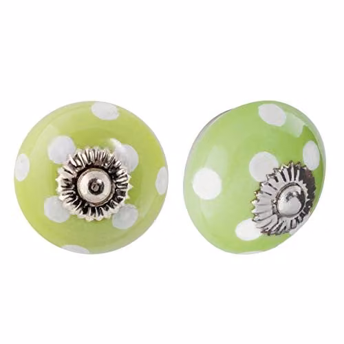 Nicola Spring Polished Ceramic Cupboard Drawer Knobs with Polka Dot Design in Green and White, Pack of 24