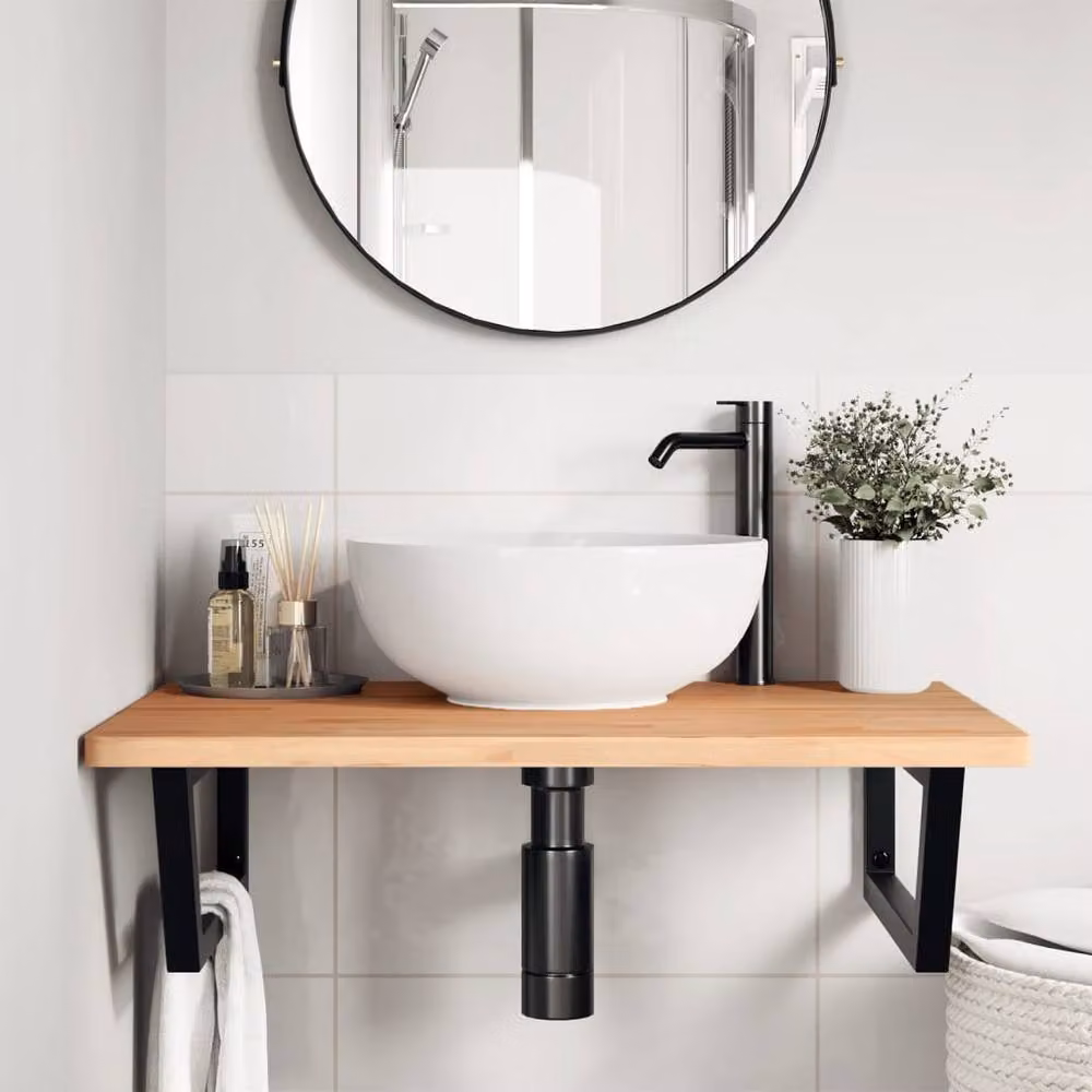 Berkfield Home Wall Mounted Basin Shelf in Brown Steel and Solid Beech Wood – 2