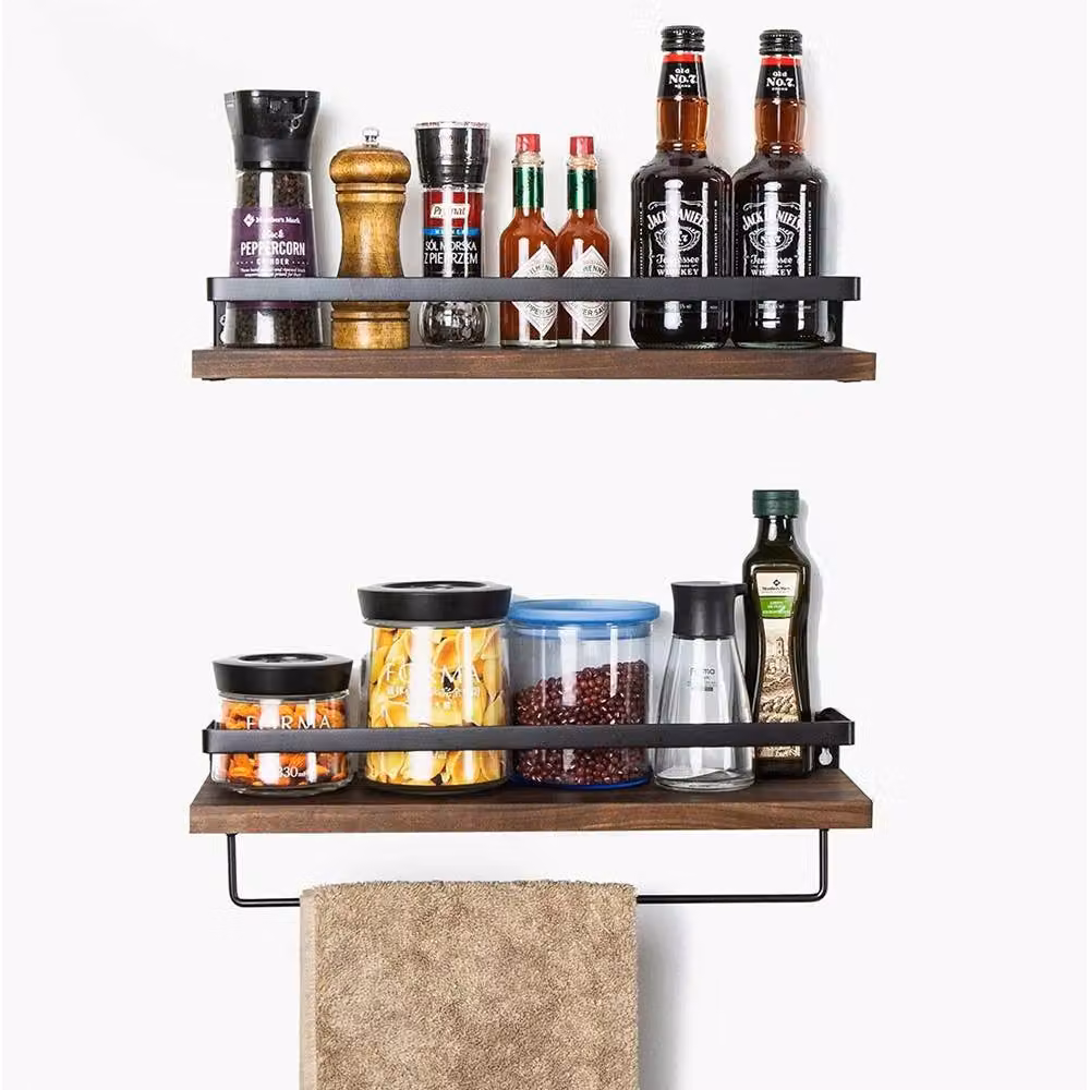 ERGOVEXA Brown Floating Wall Shelf Unit with Hanging Rod for Kitchen or Bathroom – 3