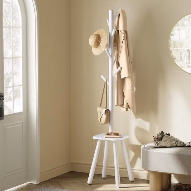 The Bazaarist Hall Tree Coat Rack with Bench and 8 Hooks in White
