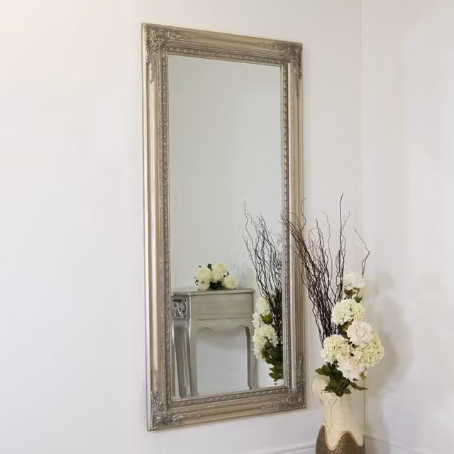 MirrorOutlet Antique Style Rectangular Wood Wall Mirror in Silver, H 178 x W 87 x D 1 cm