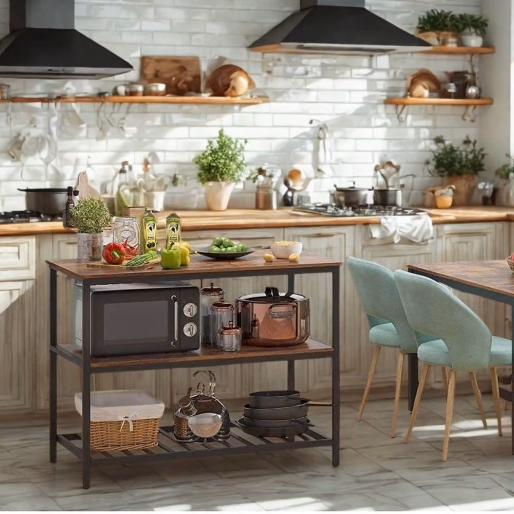 Pirlo Plush Industrial 3 Tier Kitchen Storage Island with Shelves in Brown and Black, W/D/H: 120 x 60 x 30 cm – 3