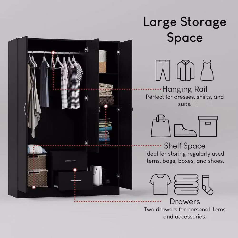 HD Designs Riano Modern Black Mirrored Wardrobe with 3 Doors and 2 Drawers H 170 cm x W 115.4 cm – 4