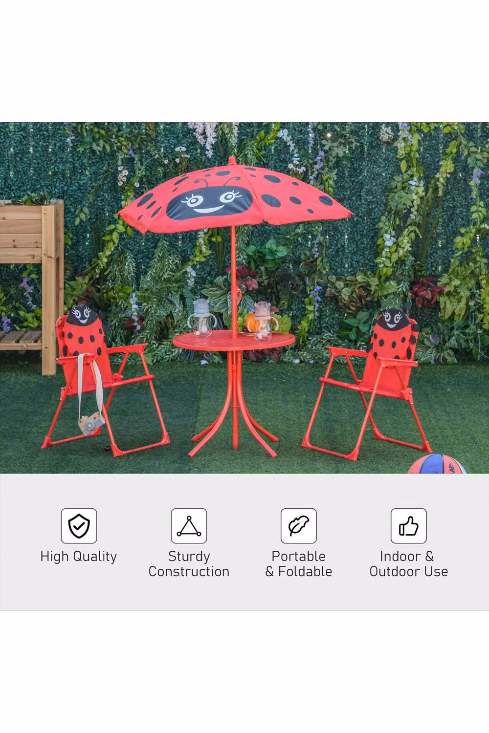 ERGOVEXA Kids Folding Picnic Table and Chair Set with Parasol, Red and Black – 2