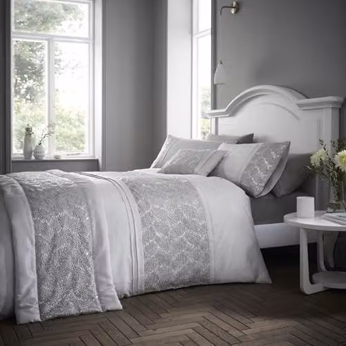Portfolio Home Rouen Silver Geometric Embellished Sequins Double Duvet Cover and Pillowcase Set, W/D/H: 200 x 200 cm and 50 x 75 cm