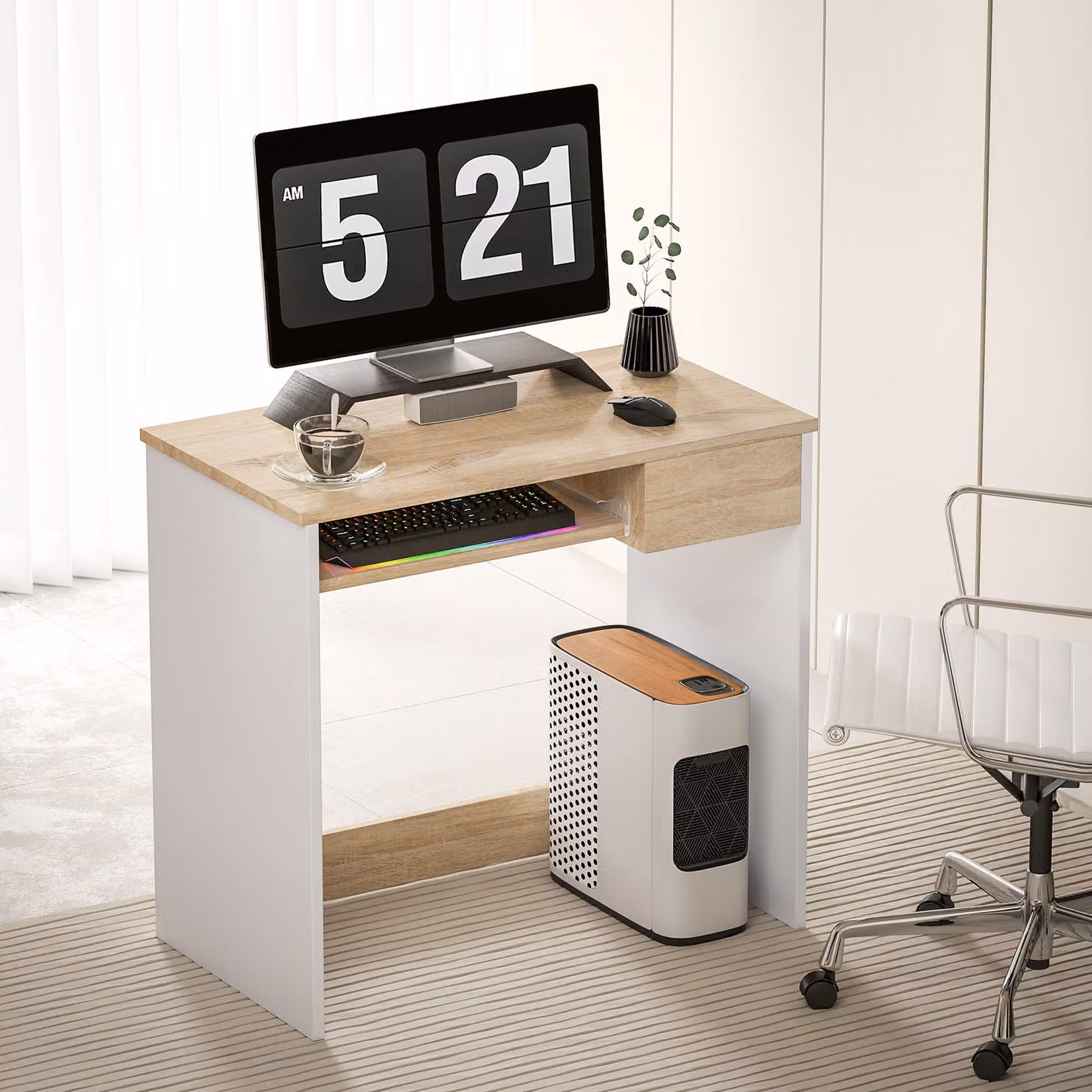 HOMCOM Compact Computer Table with Keyboard Tray and Drawer in Oak Colour – 2