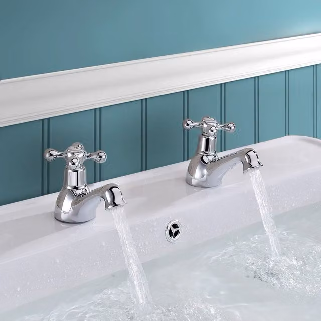 Nes Home Stafford Traditional Classic Victorian Basin Taps, Hot and Cold Pair, Silver Chrome