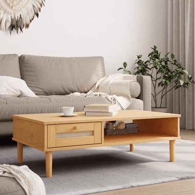 Berkfield Home SENJA Coffee Table in Brown Rattan Look Solid Pine Wood, W/D/H: 100 x 55 x 33 cm