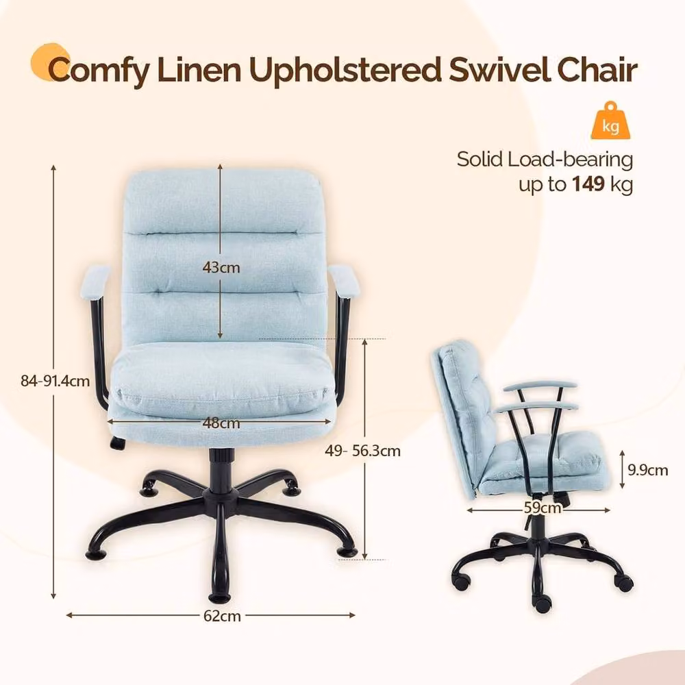 KORVIXA Blue Upholstered Home Office Task Chair with Armrests and Castors – 2