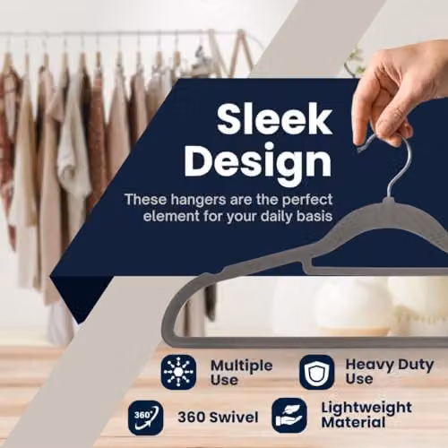 Sasha Morel 20 Pack Non-Slip Velvet Coat Hangers with Tie Organiser and Swivel Hooks in Grey – 2