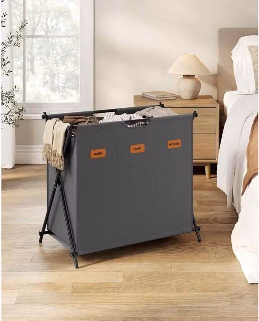 The Bazaarist 3 Compartment Foldable X Frame Laundry Sorter with Lid and Handles, Slate Grey, H: 66 cm, W: 40 cm, D: 70 cm