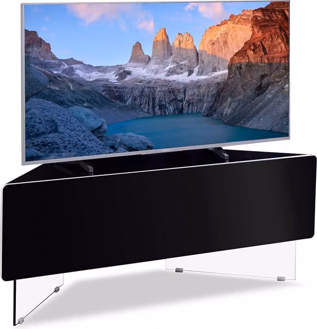 MDA Designs Antares Corner TV Cabinet in Black with Glass and Metal Details