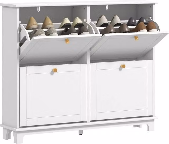NESTLUNE Modern White and Gold Shoe Cabinet with 4 Tilting Compartments and Internal Shelves, W: 100 cm, D: 15 cm, H: 87 cm – 1