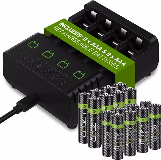 Venom Battery Charger with 8 x 2100mAh AA and 8 x 800mAh AAA Rechargeable Batteries, Black