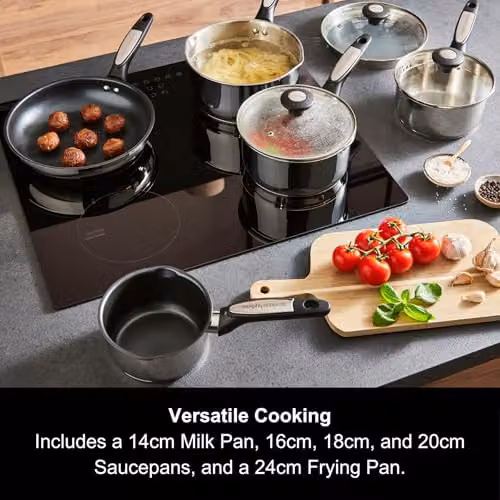 Morphy Richards 5 Piece Stainless Steel Pan Set with Ceramic Coating and Glass Lids in Silver – 4