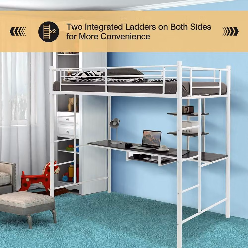 Costway Single Metal Loft Bed Frame High Sleeper with Desk and Storage Shelves, White – 3