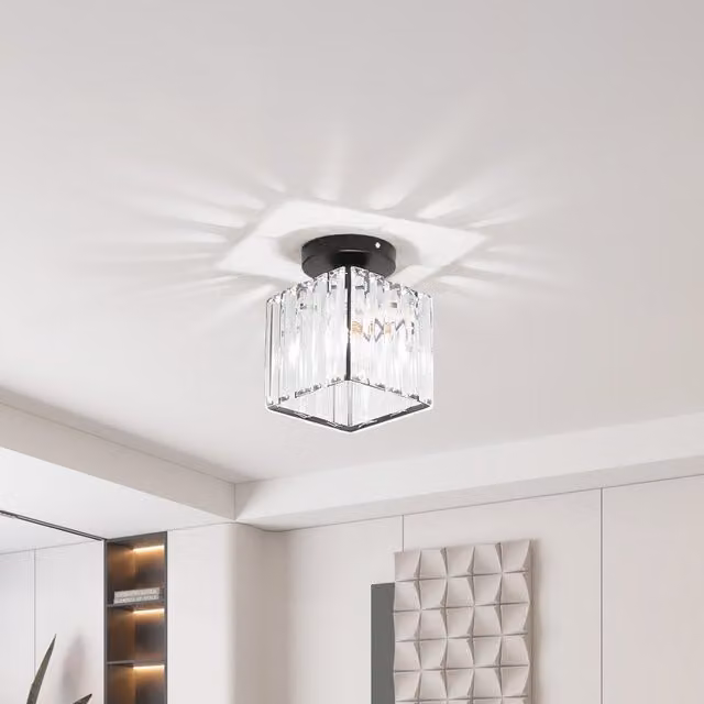 Lifeideas Modern Black Metal Ceiling Light with Transparent Glass Crystal Shade