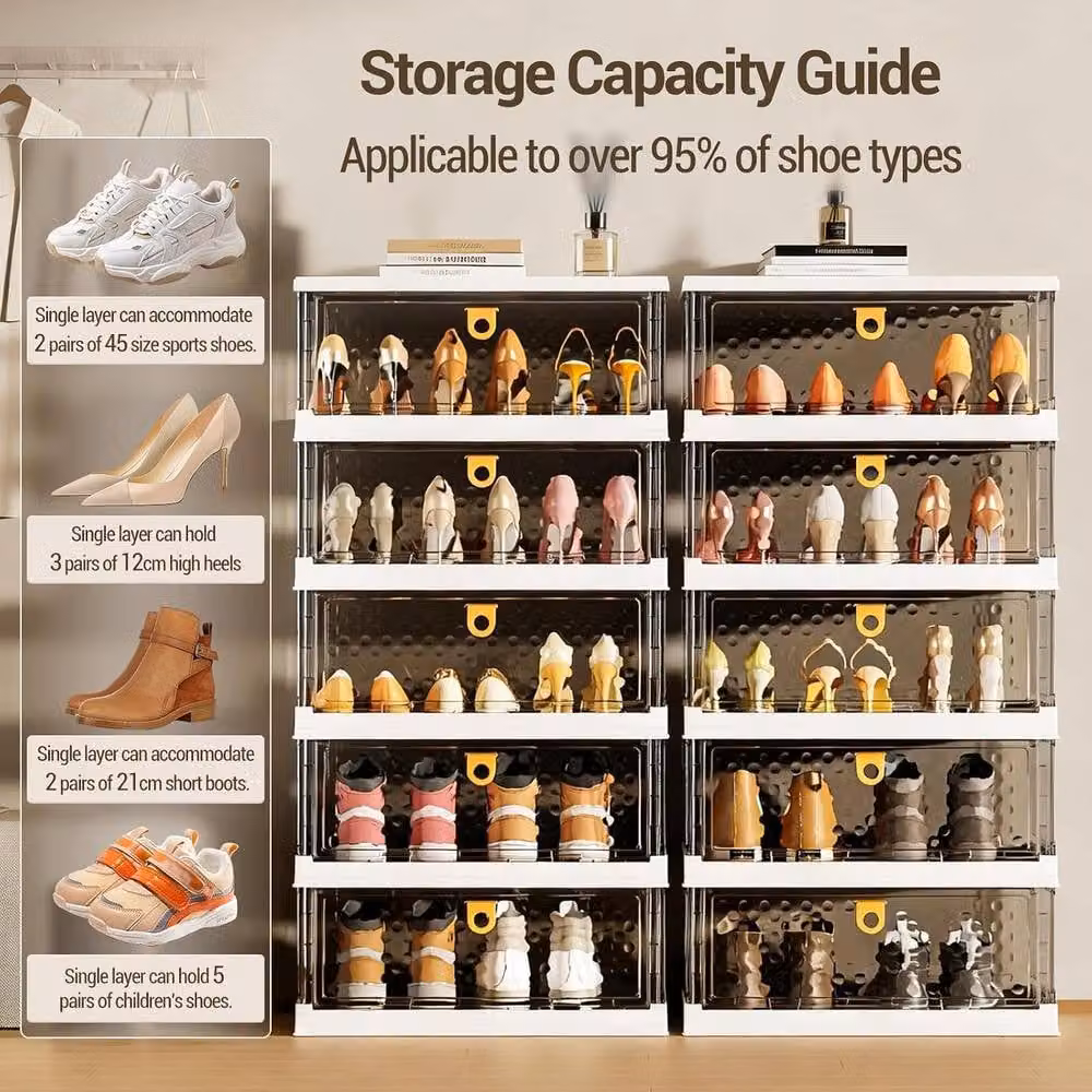 London Boutique 10-Tier Foldable Clear Shoe Storage Cabinet with Glass Doors and Transparent Plastic Shelves – 4