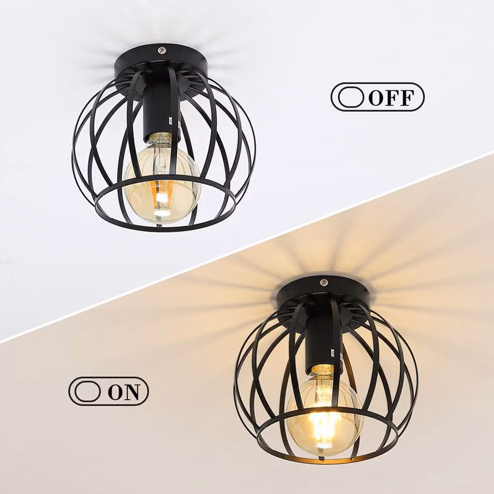 Pheashine Black Metal Cage Semi-Flush Ceiling Light with E27 Vintage Style Design – 2