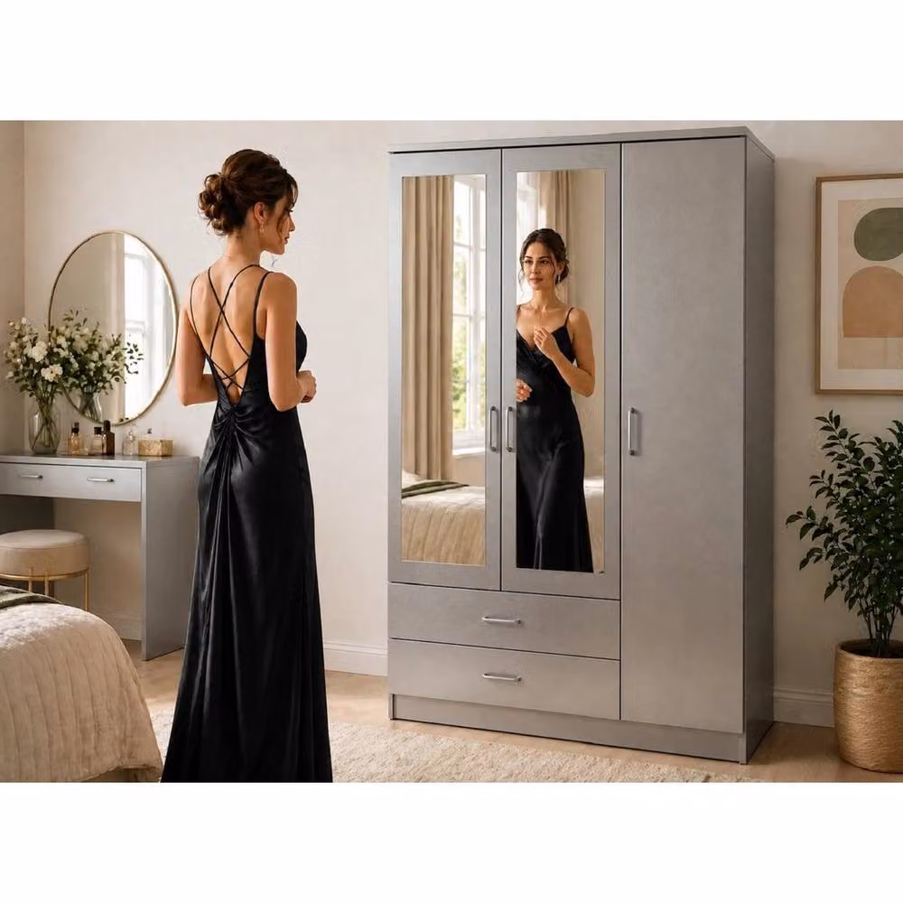 FORGEVIO Grey 3 Door Modern Mirror Wardrobe with Integrated Drawers and Internal Shelves
