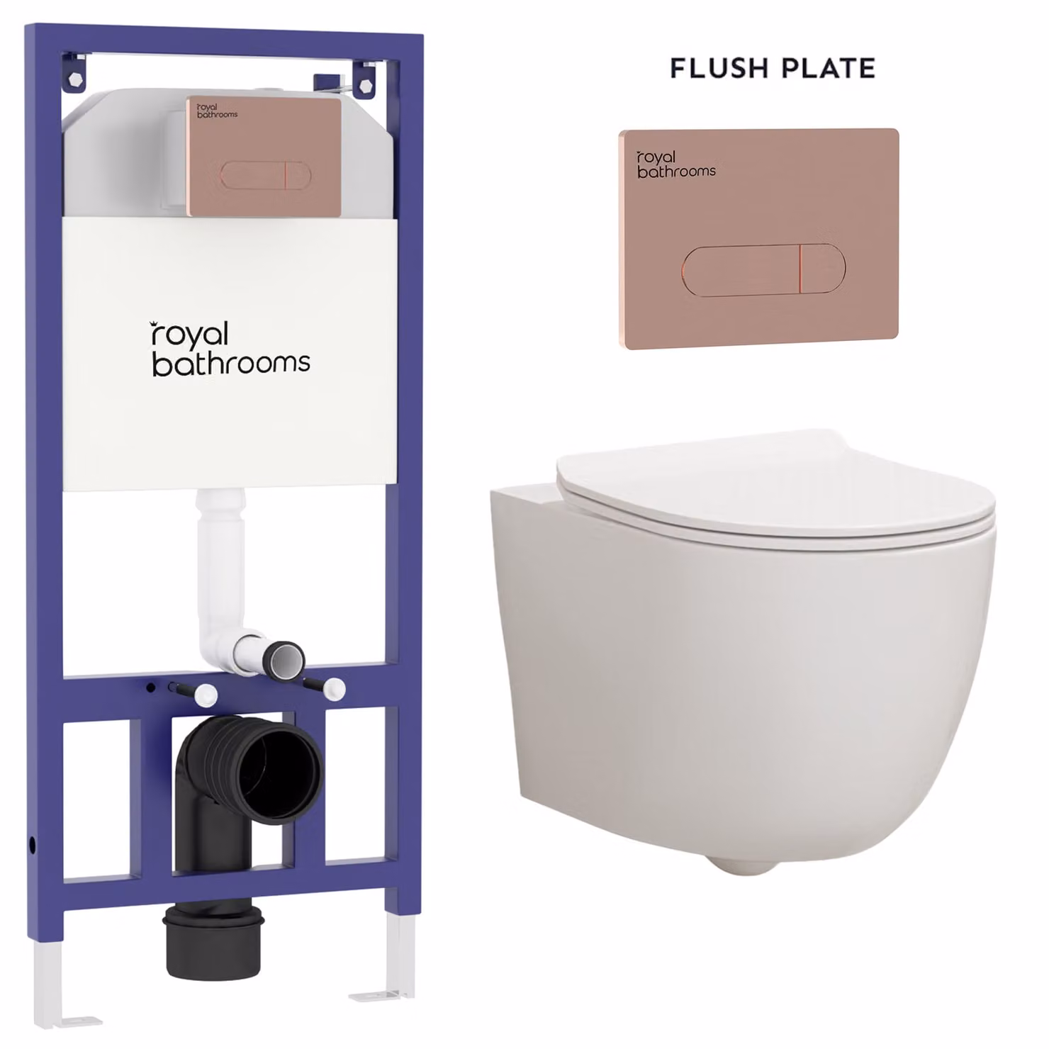 Royal Bathrooms Elva Wall Hung Rimless Ceramic Toilet with Slim Soft Close Seat and Aqua Brushed Bronze Plate Wall Hung Frame, White and Bronze