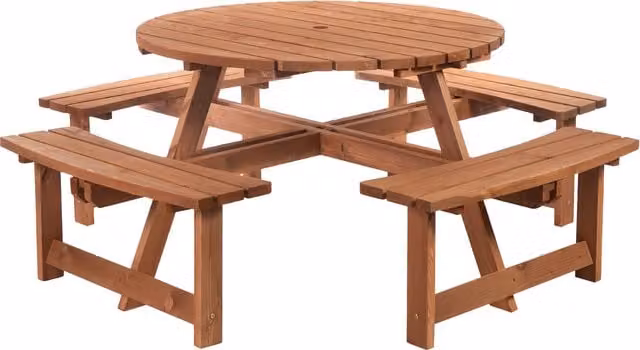 Outsunny 8 Seater Round Wooden Picnic Table and Bench Set in Rustic Brown – 1