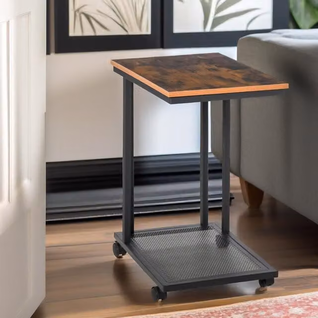 Pirlo Plush Industrial C Shaped Side Table with Mesh Shelf and Castors, Brown, W/D/H: 36 x 36 x 65 cm – 1
