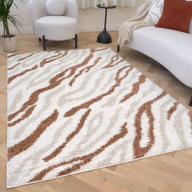 The Rugs Moodi Abstract Design Patterned Shaggy Rug in Terra-Cream, Beige and Orange