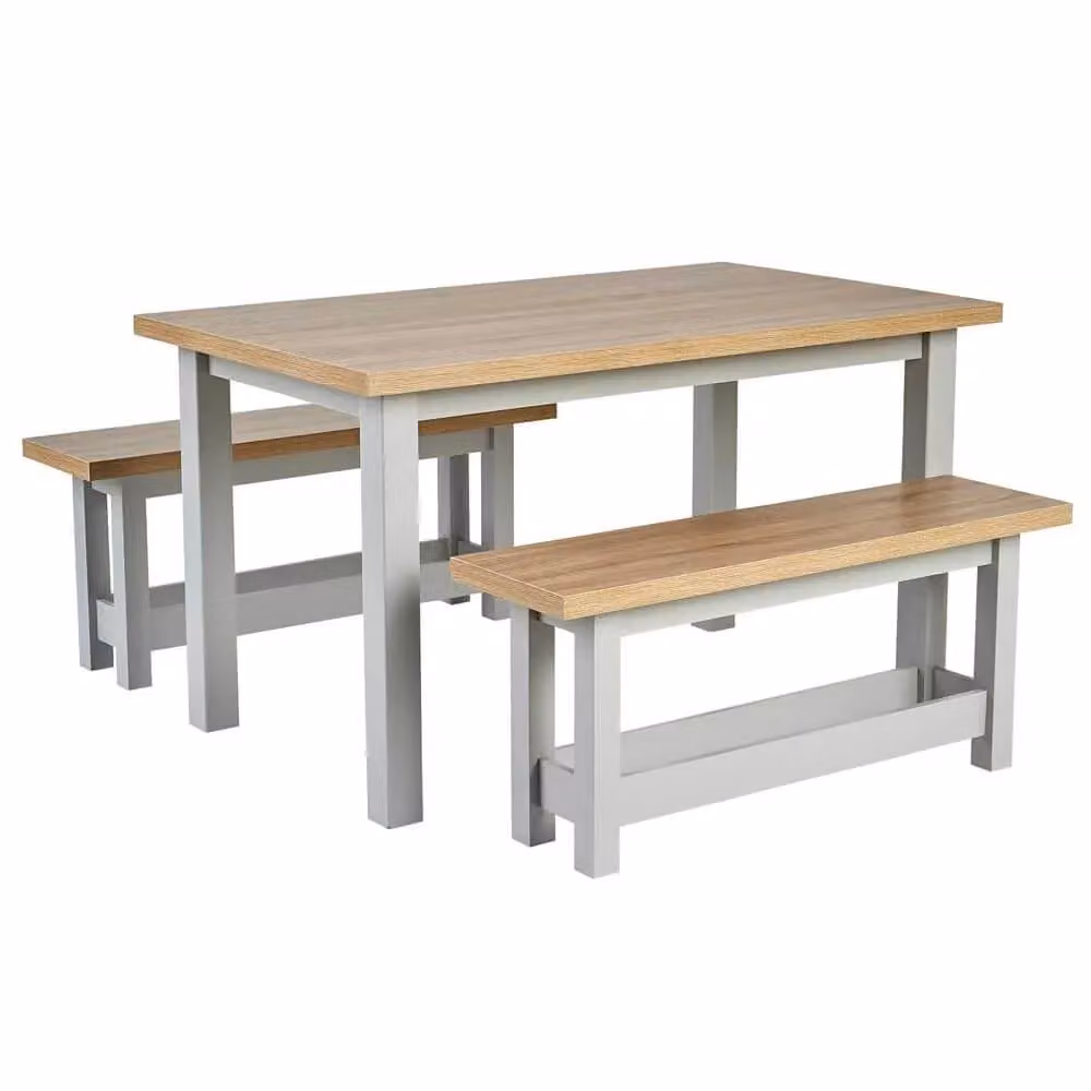 Home Source Avon Oak Breakfast Table and Two Benches Set in Light Grey and Oak – 2