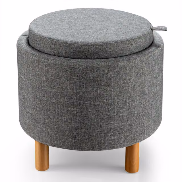 Costway Round Fabric Storage Ottoman with Tray and Non-Slip Pads in Grey – 1