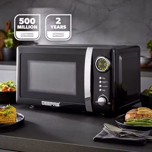 Geepas Retrovive Black Kitchen Combo Set including 1.7L Electric Kettle, 4 Slice Toaster and 20L Digital Microwave Oven – 4