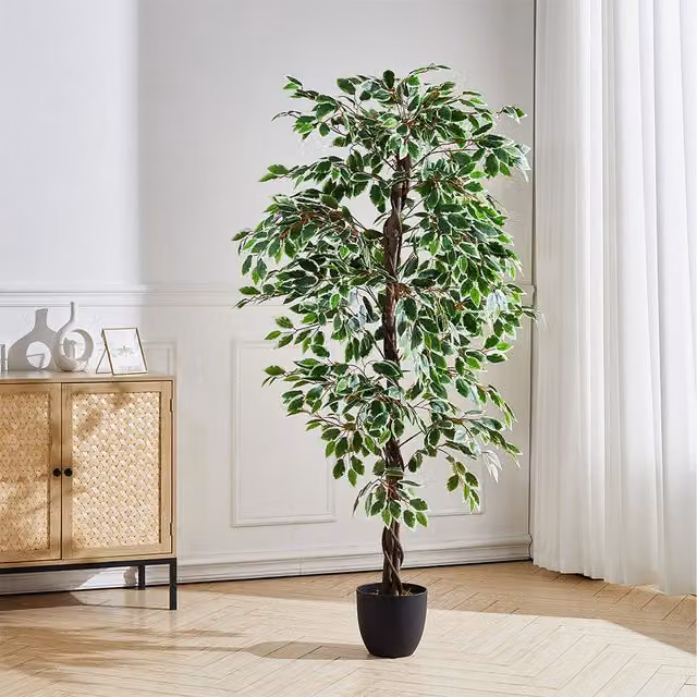 Livingandhome Artificial Potted Weeping Fig Tree in Black Plastic Pot, Green, Height: 180 cm