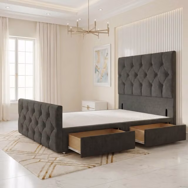 Somnior Beds Ltd Chesterfield Linen Divan Bed Base with Drawers and Upholstered Frame, Grey, W/D/H: 140 x 200 x 34.5 cm